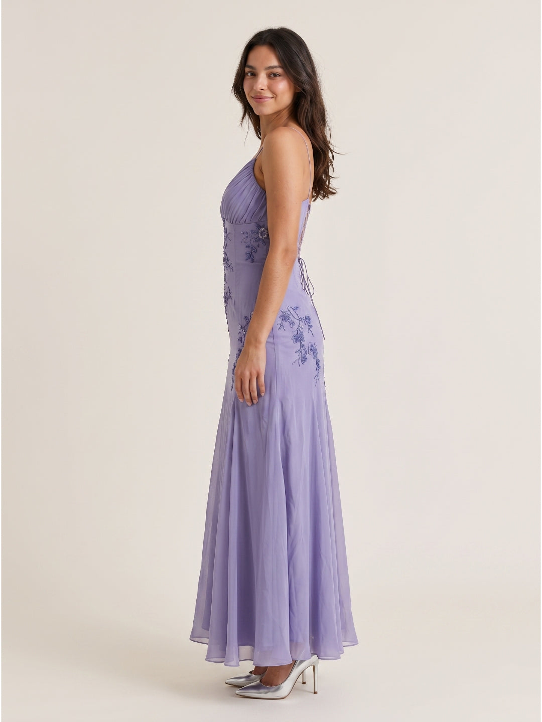 Mauve Chiffon A-Line V-Neck Criss-Cross Straps Floor-Length Prom Dress with Beading