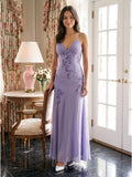 Mauve Chiffon A-Line V-Neck Criss-Cross Straps Floor-Length Prom Dress with Beading
