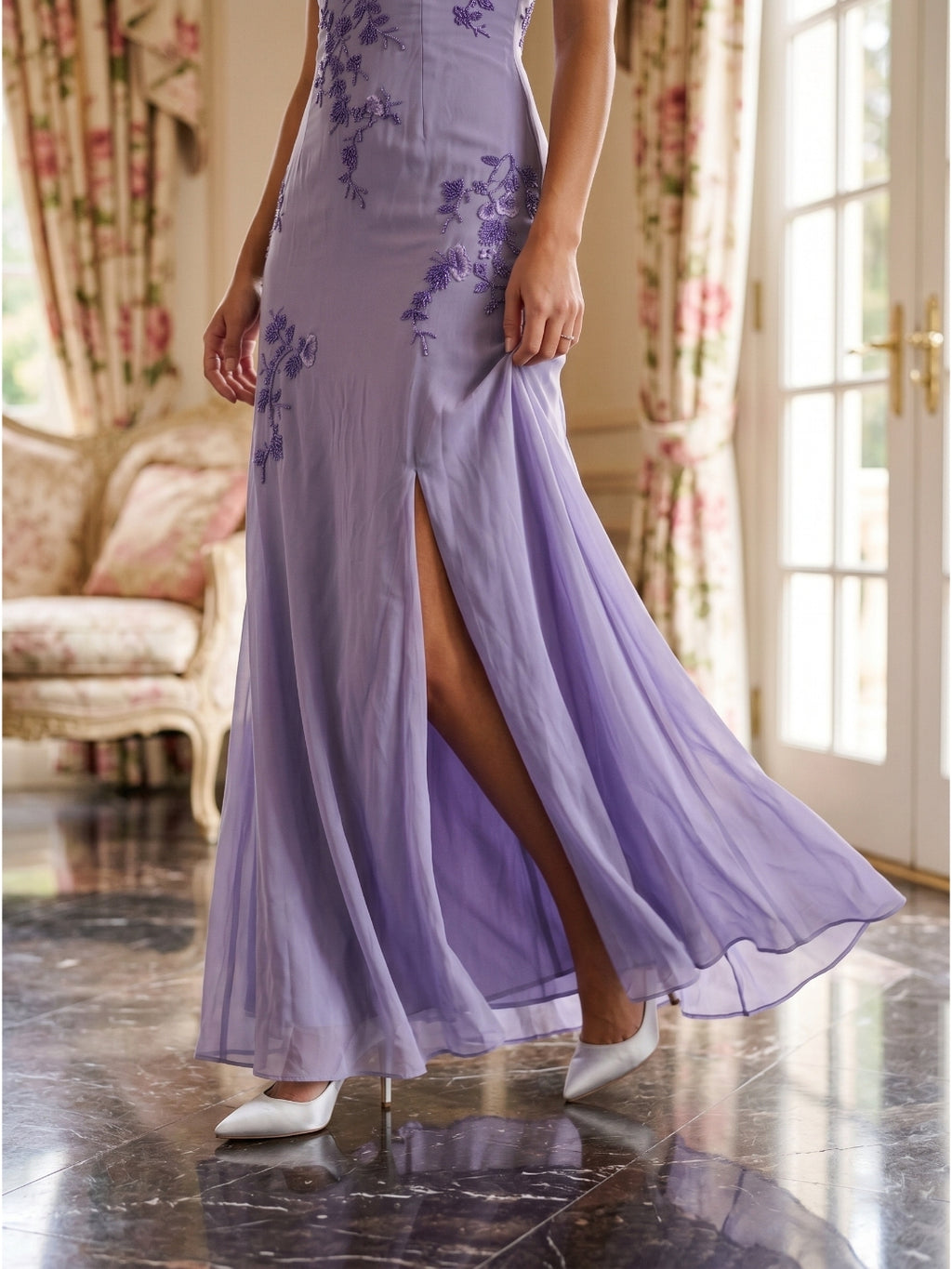Mauve Chiffon A-Line V-Neck Criss-Cross Straps Floor-Length Prom Dress with Beading