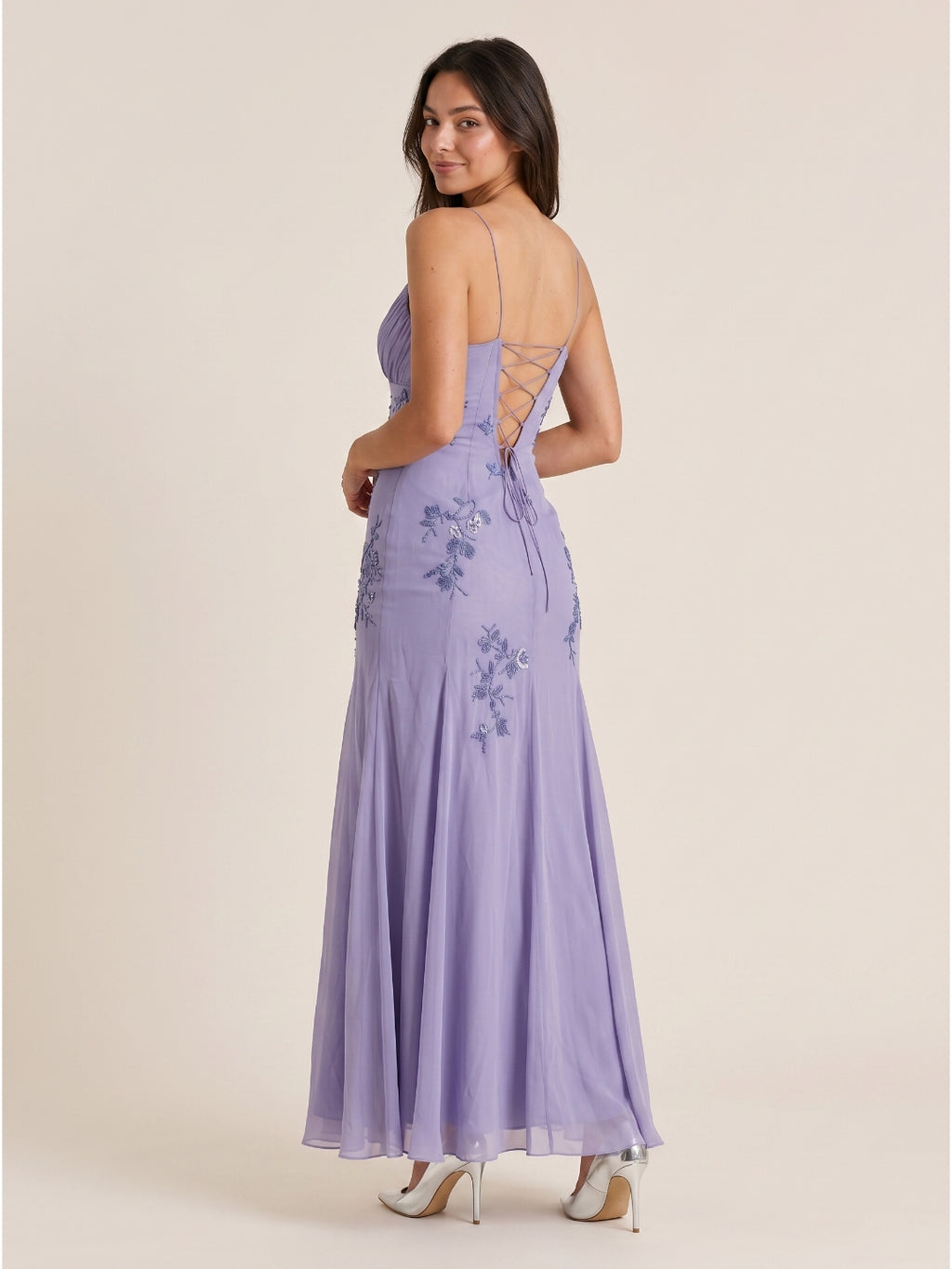 Mauve Chiffon A-Line V-Neck Criss-Cross Straps Floor-Length Prom Dress with Beading