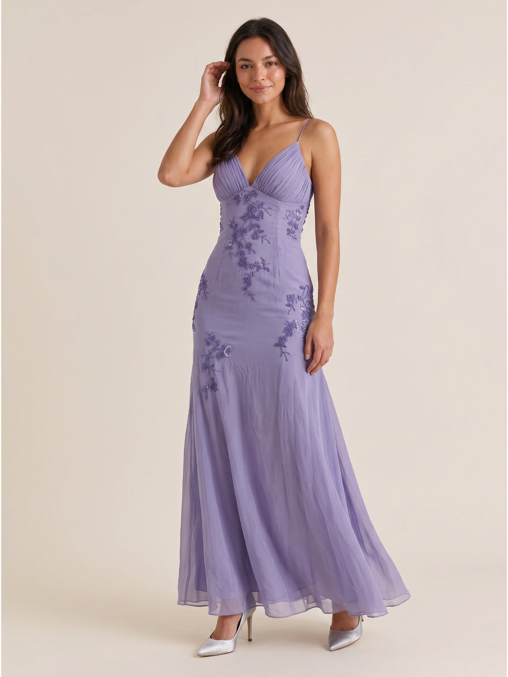 Mauve Chiffon A-Line V-Neck Criss-Cross Straps Floor-Length Prom Dress with Beading