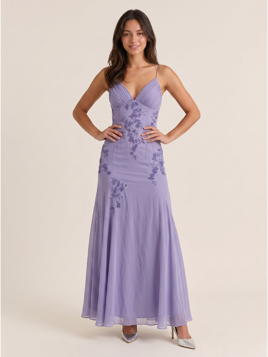 Mauve Chiffon A-Line V-Neck Criss-Cross Straps Floor-Length Prom Dress with Beading