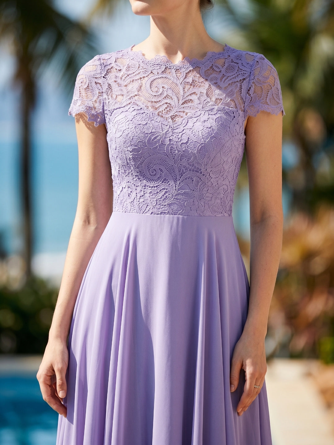 Mauve Lace A-Line Scoop Neck Back Zip Floor-Length Bridesmaid Dress with Pockets