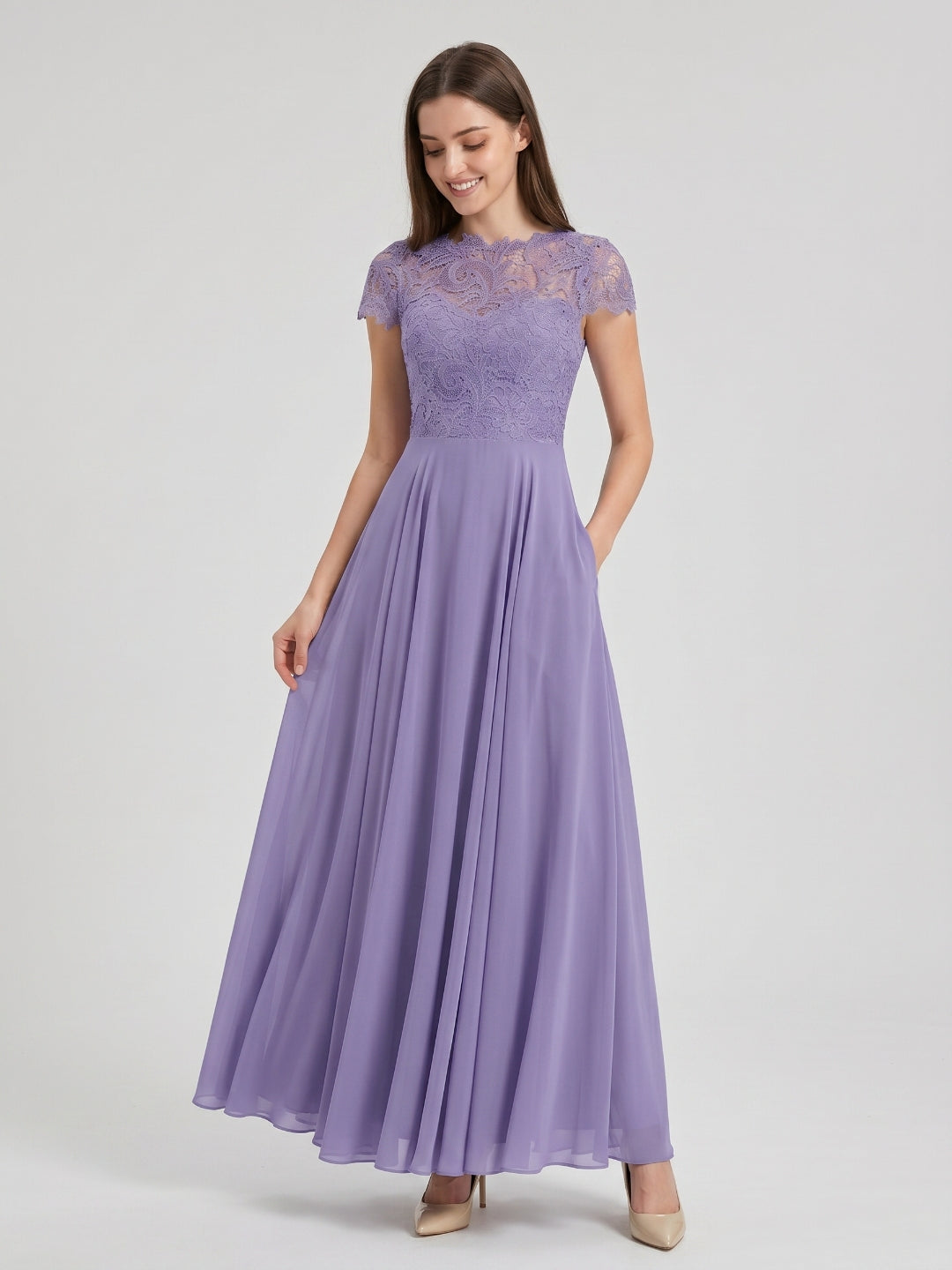 Mauve Lace A-Line Scoop Neck Back Zip Floor-Length Bridesmaid Dress with Pockets