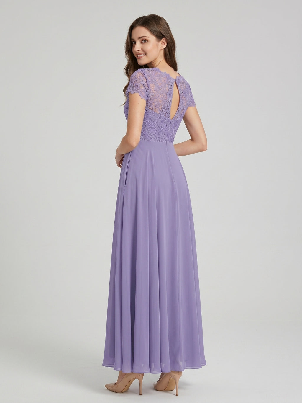 Mauve Lace A-Line Scoop Neck Back Zip Floor-Length Bridesmaid Dress with Pockets