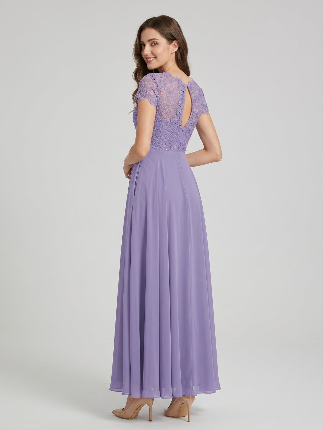 Mauve Lace A-Line Scoop Neck Back Zip Floor-Length Bridesmaid Dress with Pockets