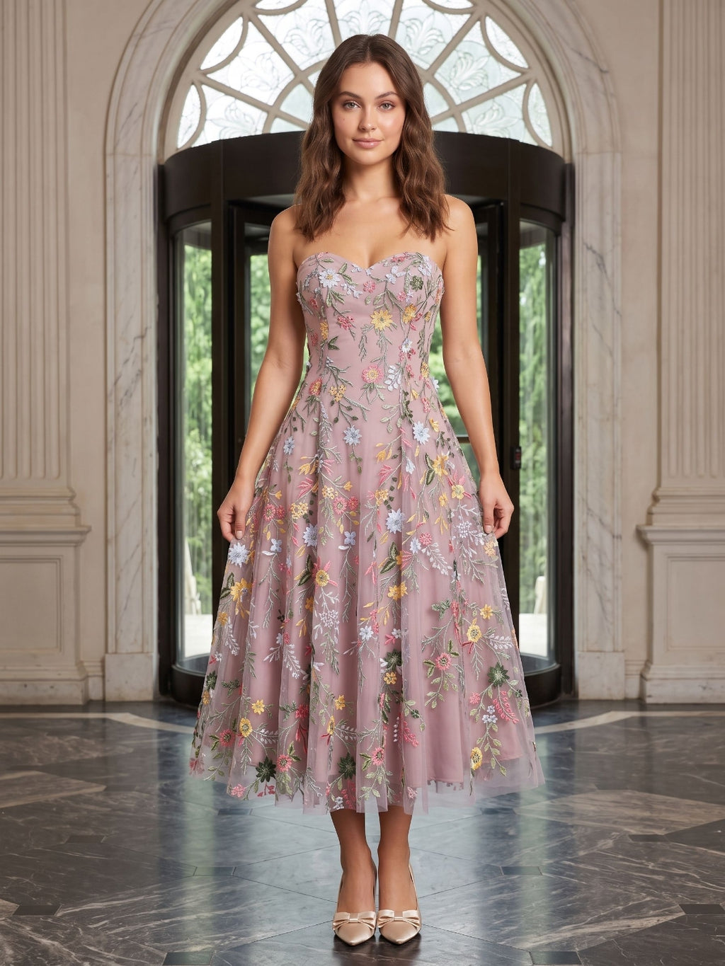 Mauve Floral Tulle A-Line Sweetheart Zipper Back Midi Dress