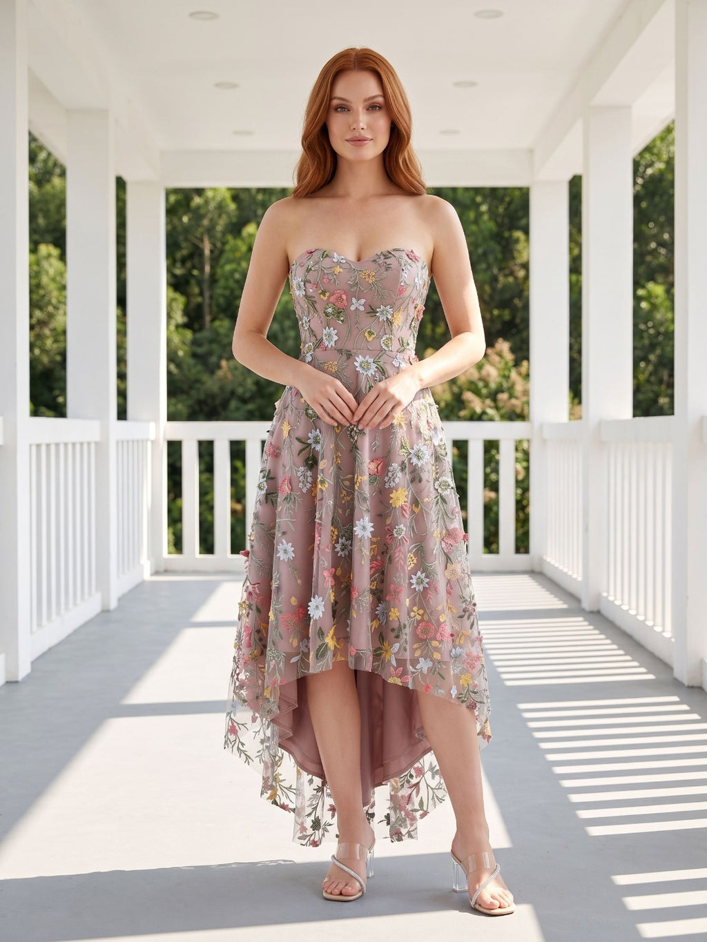 Mauve Embroidered Mesh A-Line Sweetheart Zipper Back High-Low Dress