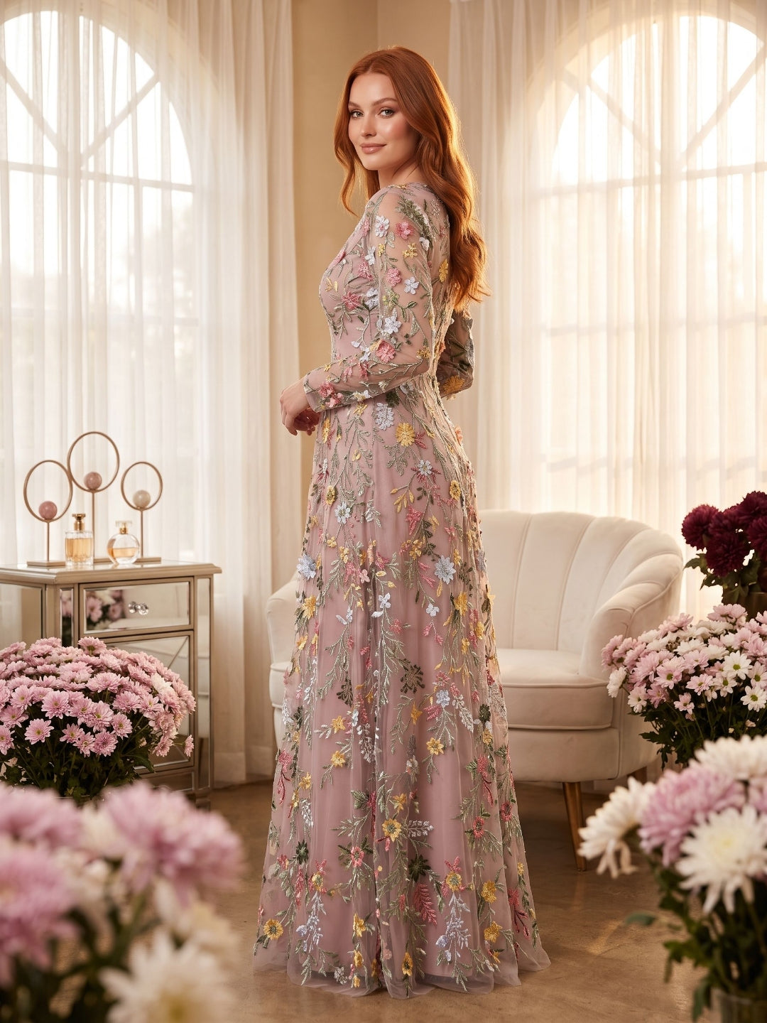 Mauve Mesh with Floral Embroidery A-Line V-Neck Zipper Back Floor Length Dress