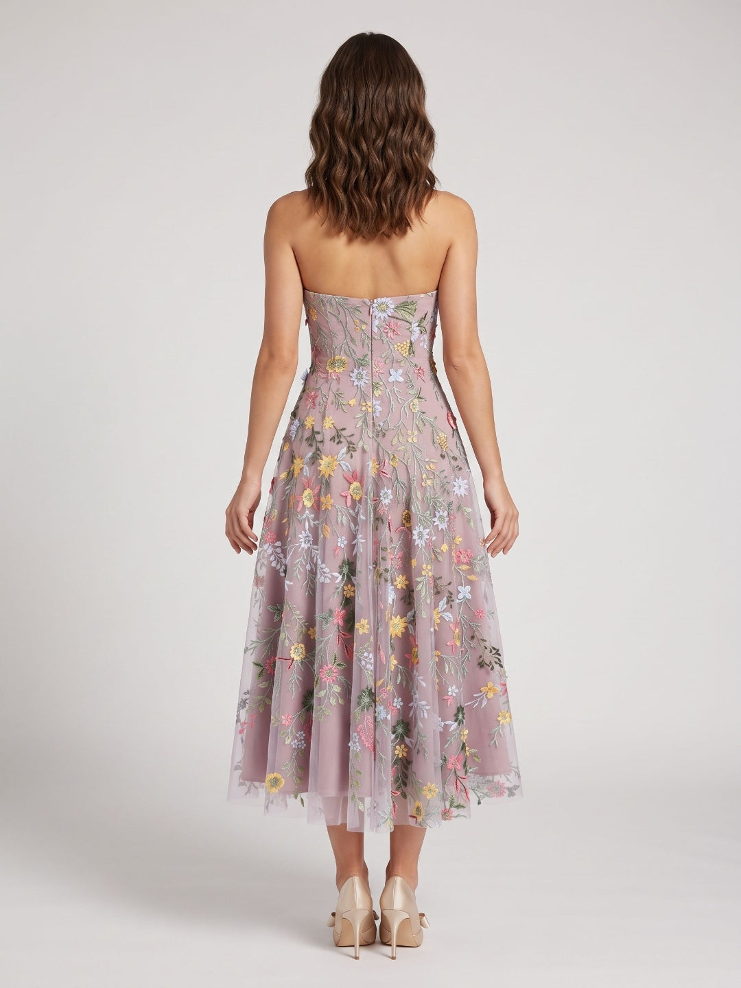 Mauve Floral Tulle A-Line Sweetheart Zipper Back Midi Dress