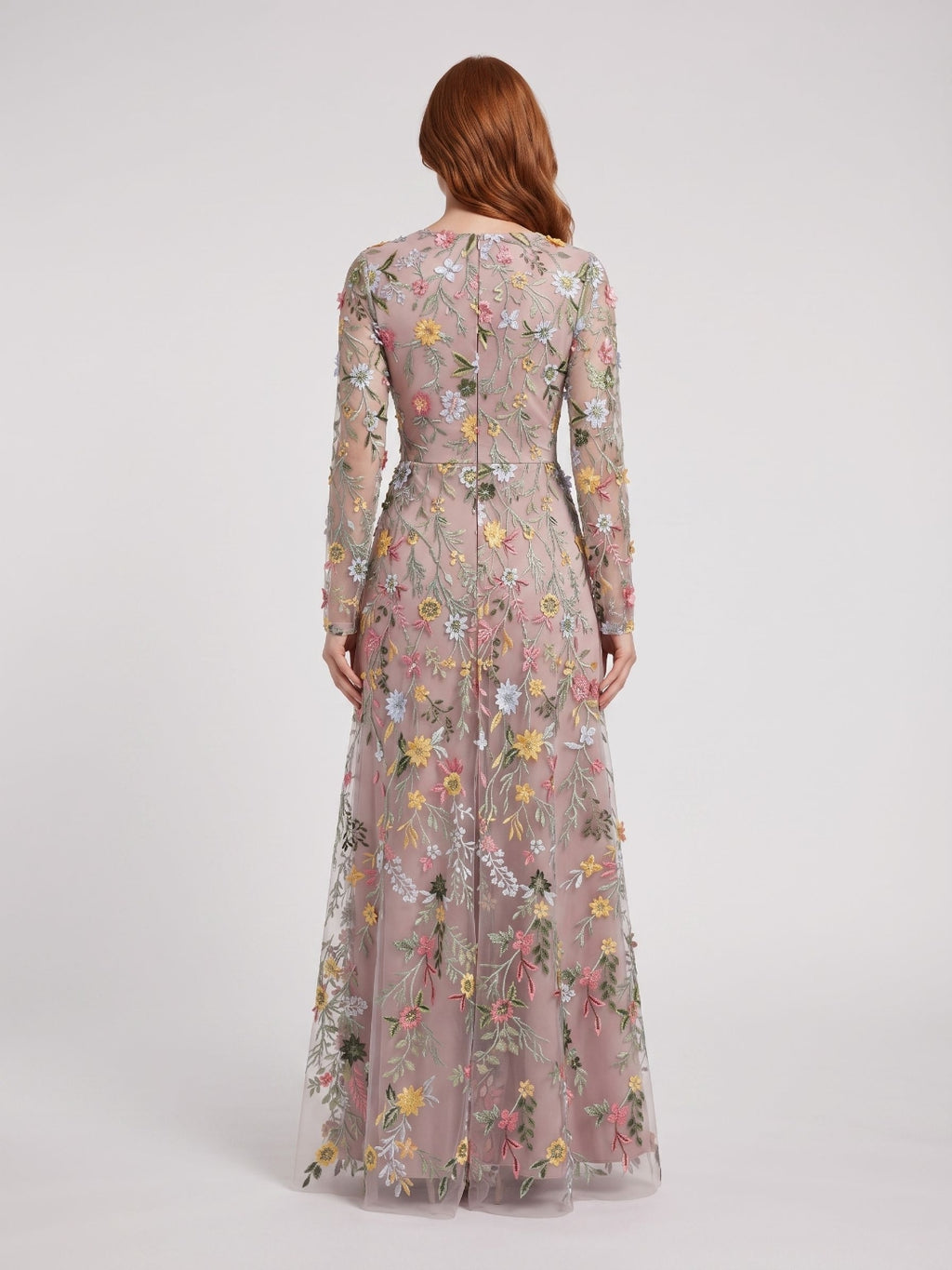 Mauve Mesh with Floral Embroidery A-Line V-Neck Zipper Back Floor Length Dress