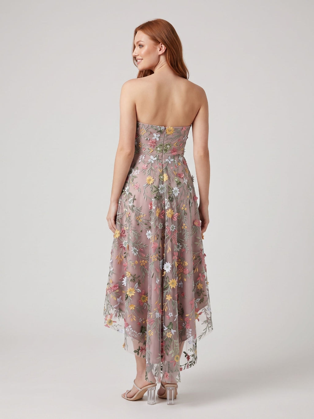 Mauve Embroidered Mesh A-Line Sweetheart Zipper Back High-Low Dress