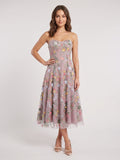 Mauve Floral Tulle A-Line Sweetheart Zipper Back Midi Dress