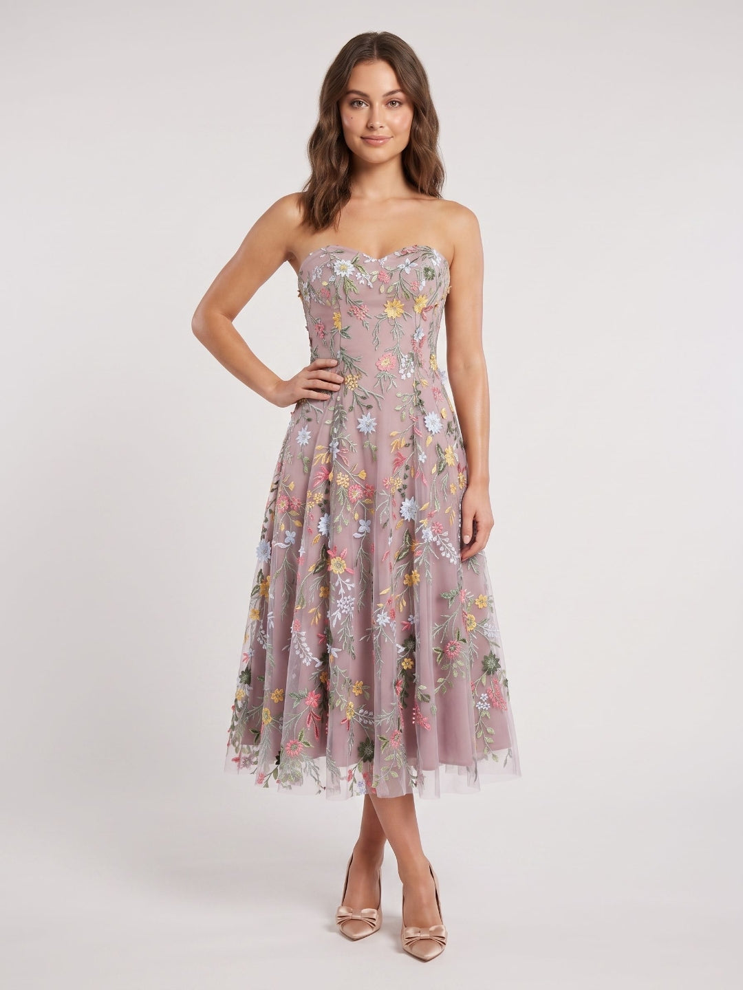 Mauve Floral Tulle A-Line Sweetheart Zipper Back Midi Dress