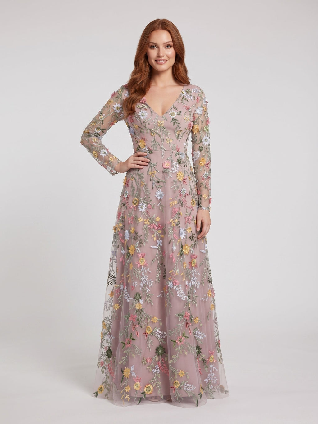 Mauve Mesh with Floral Embroidery A-Line V-Neck Zipper Back Floor Length Dress