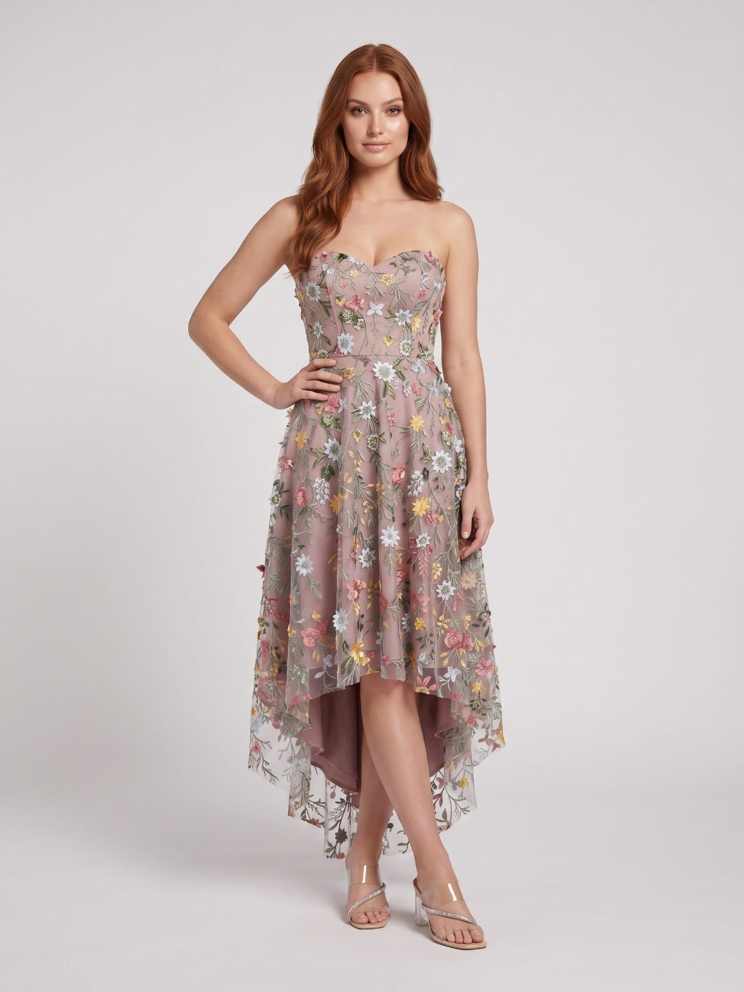 Mauve Embroidered Mesh A-Line Sweetheart Zipper Back High-Low Dress