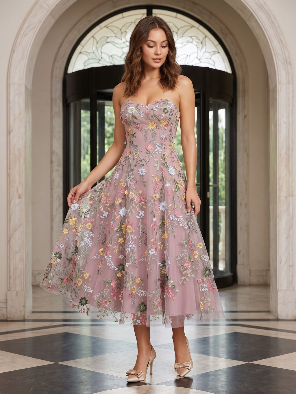 Mauve Floral Tulle A-Line Sweetheart Zipper Back Midi Dress