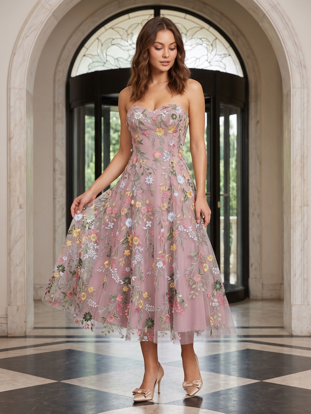 Mauve Floral Tulle A-Line Sweetheart Zipper Back Midi Dress