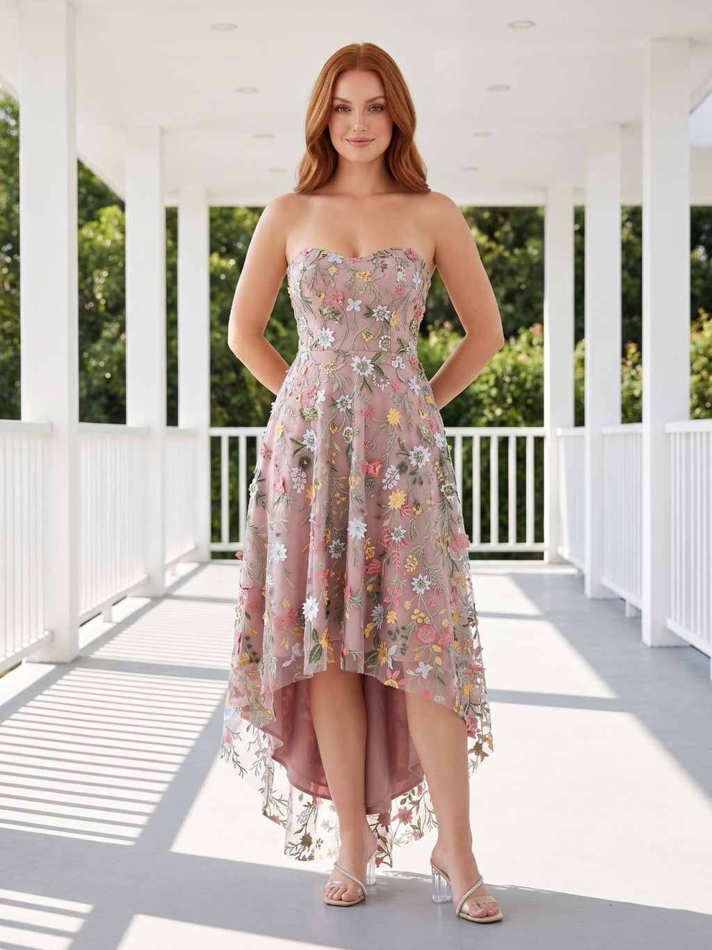 Mauve Embroidered Mesh A-Line Sweetheart Zipper Back High-Low Dress