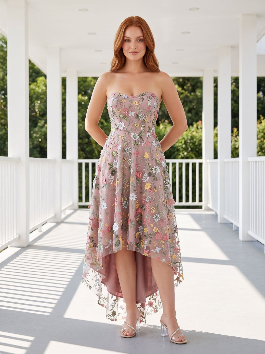 Mauve Embroidered Mesh A-Line Sweetheart Zipper Back High-Low Dress