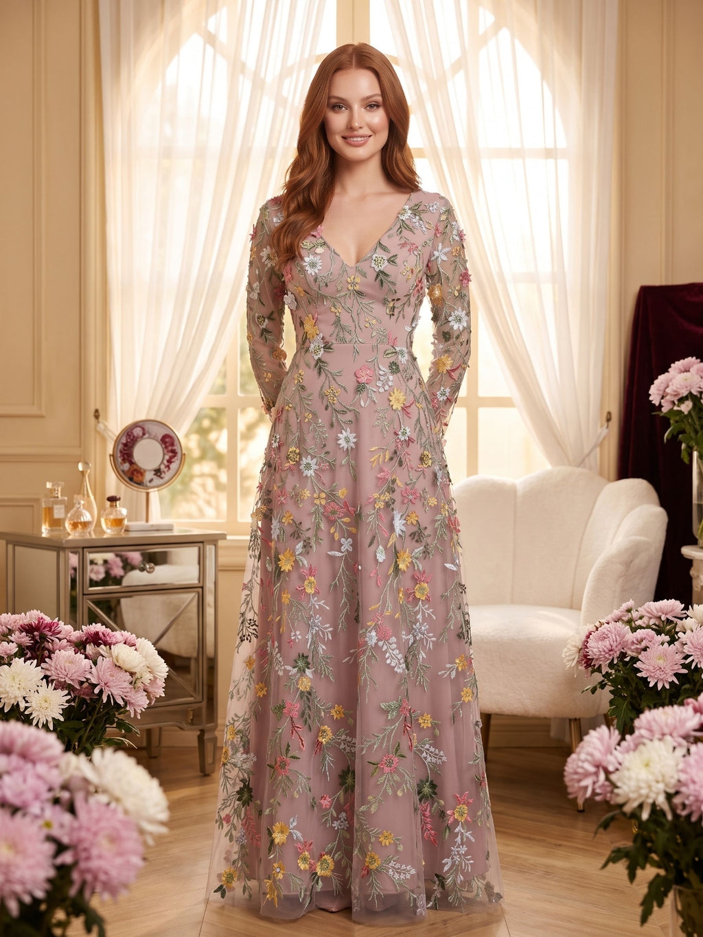 Mauve Mesh with Floral Embroidery A-Line V-Neck Zipper Back Floor Length Dress