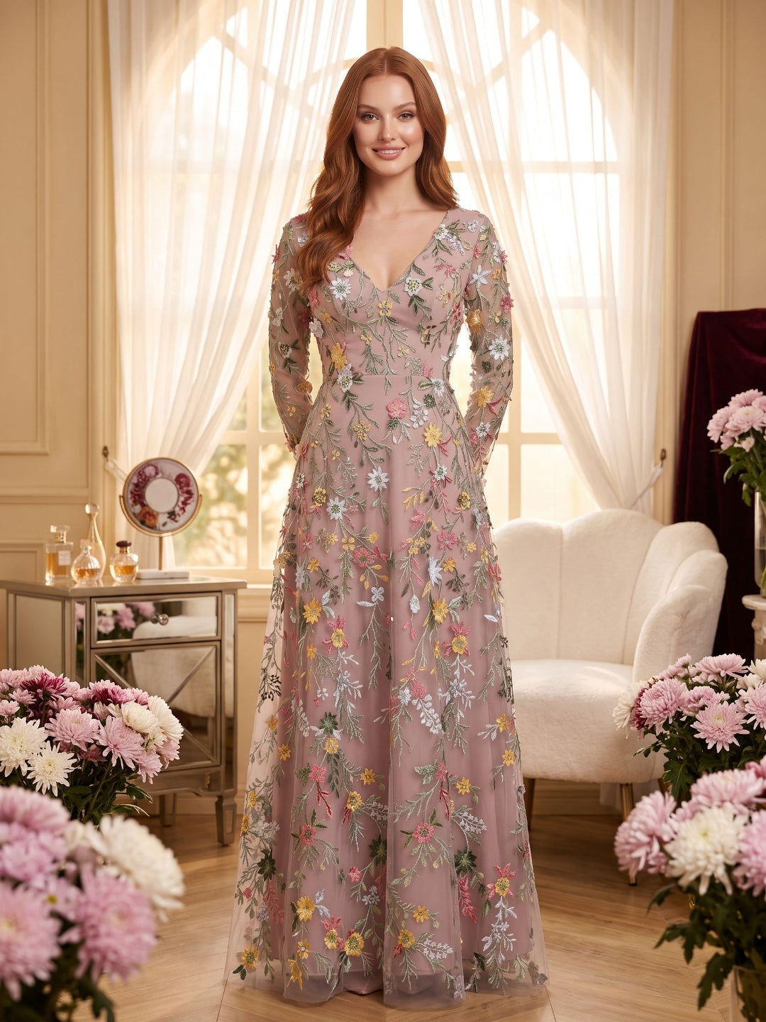 Mauve Mesh with Floral Embroidery A-Line V-Neck Zipper Back Floor Length Dress