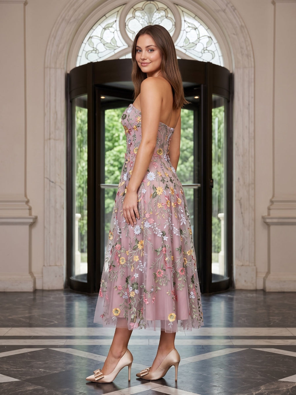 Mauve Floral Tulle A-Line Sweetheart Zipper Back Midi Dress