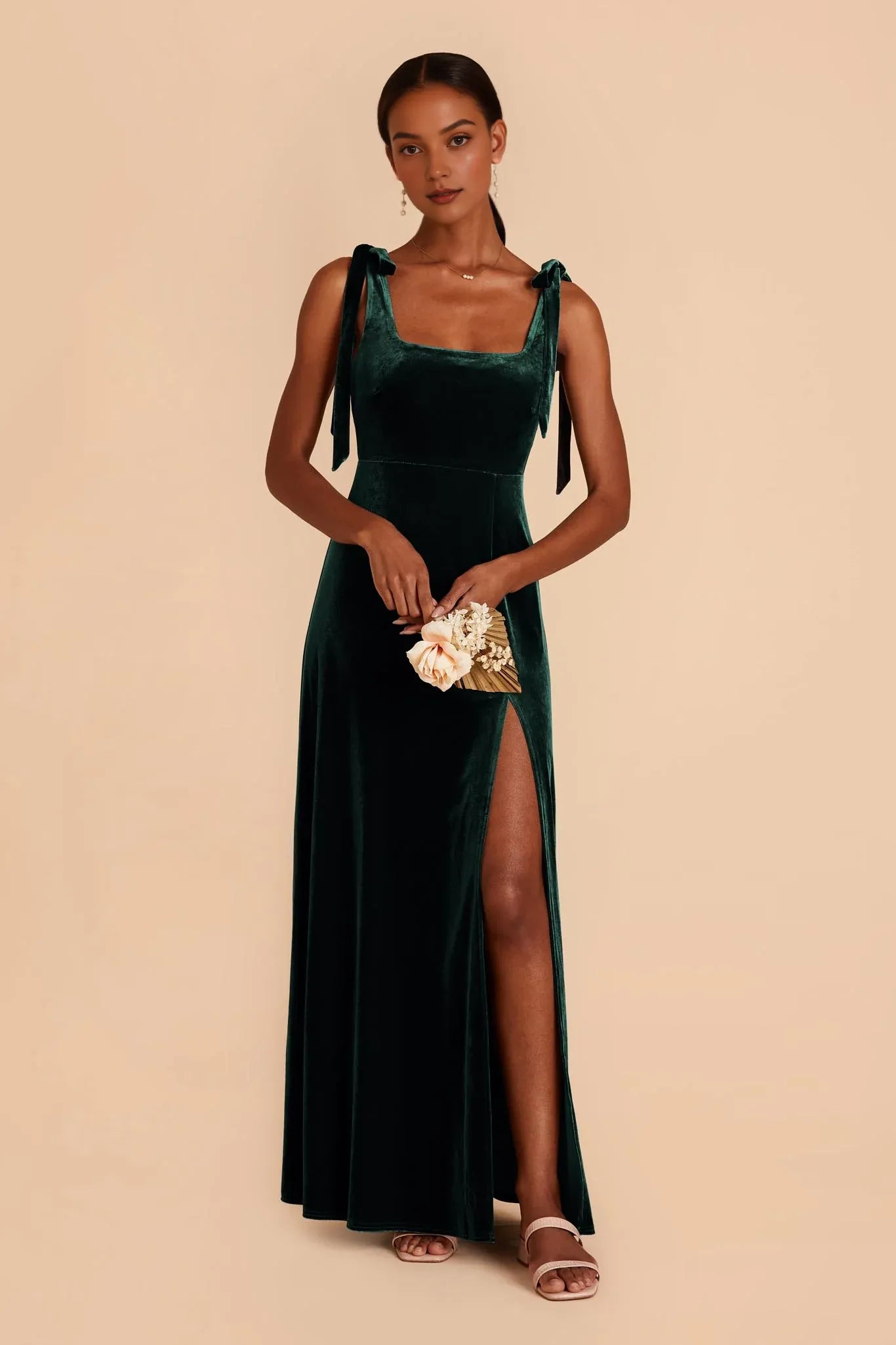 Minimalist A-Line Square Neck Sleeveless Velvet Slit Maxi Bridesmaid Dress