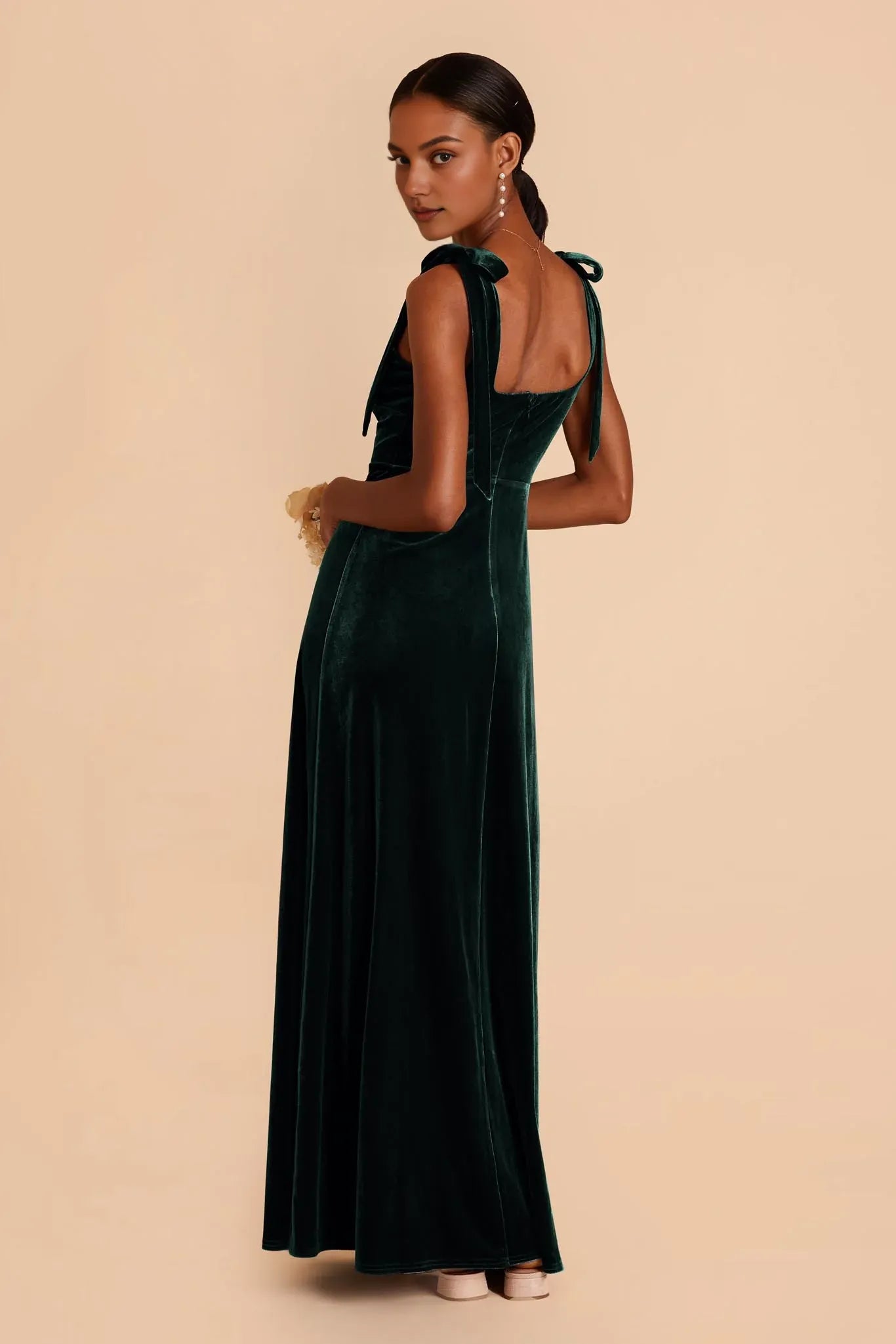 Minimalist A-Line Square Neck Sleeveless Velvet Slit Maxi Bridesmaid Dress