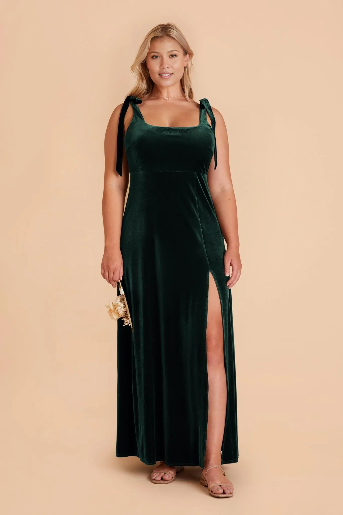 Minimalist A-Line Square Neck Sleeveless Velvet Slit Maxi Bridesmaid Dress