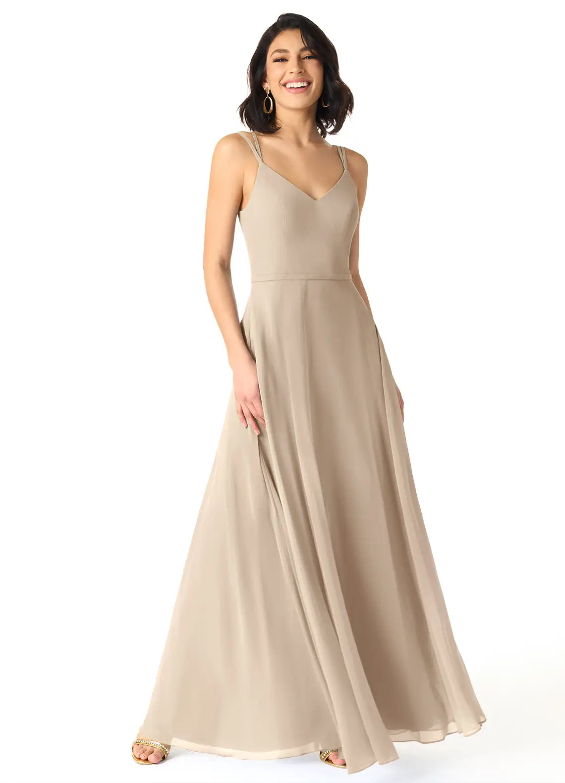 Minimalist Chiffon Bridesmaid Dress with Double Strap V-Neck and Flowing Skirt