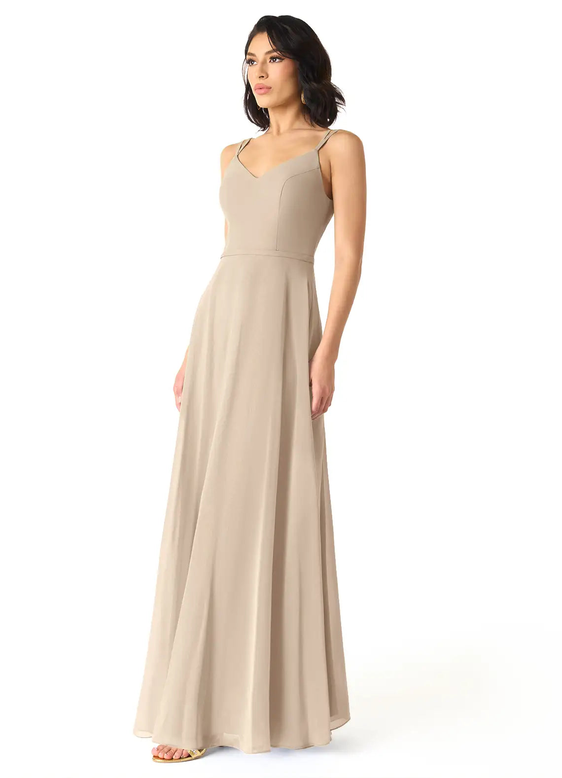 Minimalist Chiffon Bridesmaid Dress with Double Strap V-Neck and Flowing Skirt