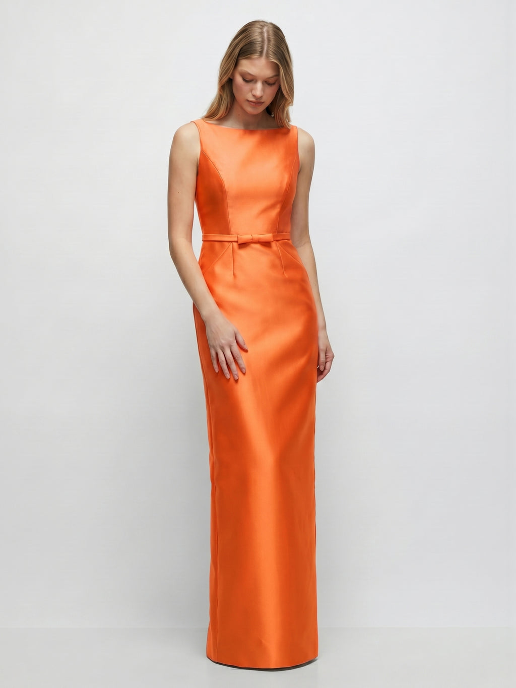 Minimalist Orange Satin Sheath Straight Neck V-Back Floor-Length Bridesmaid Dress with Bow
