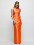 Minimalist Orange Satin Sheath Straight Neck V-Back Floor-Length Bridesmaid Dress with Bow