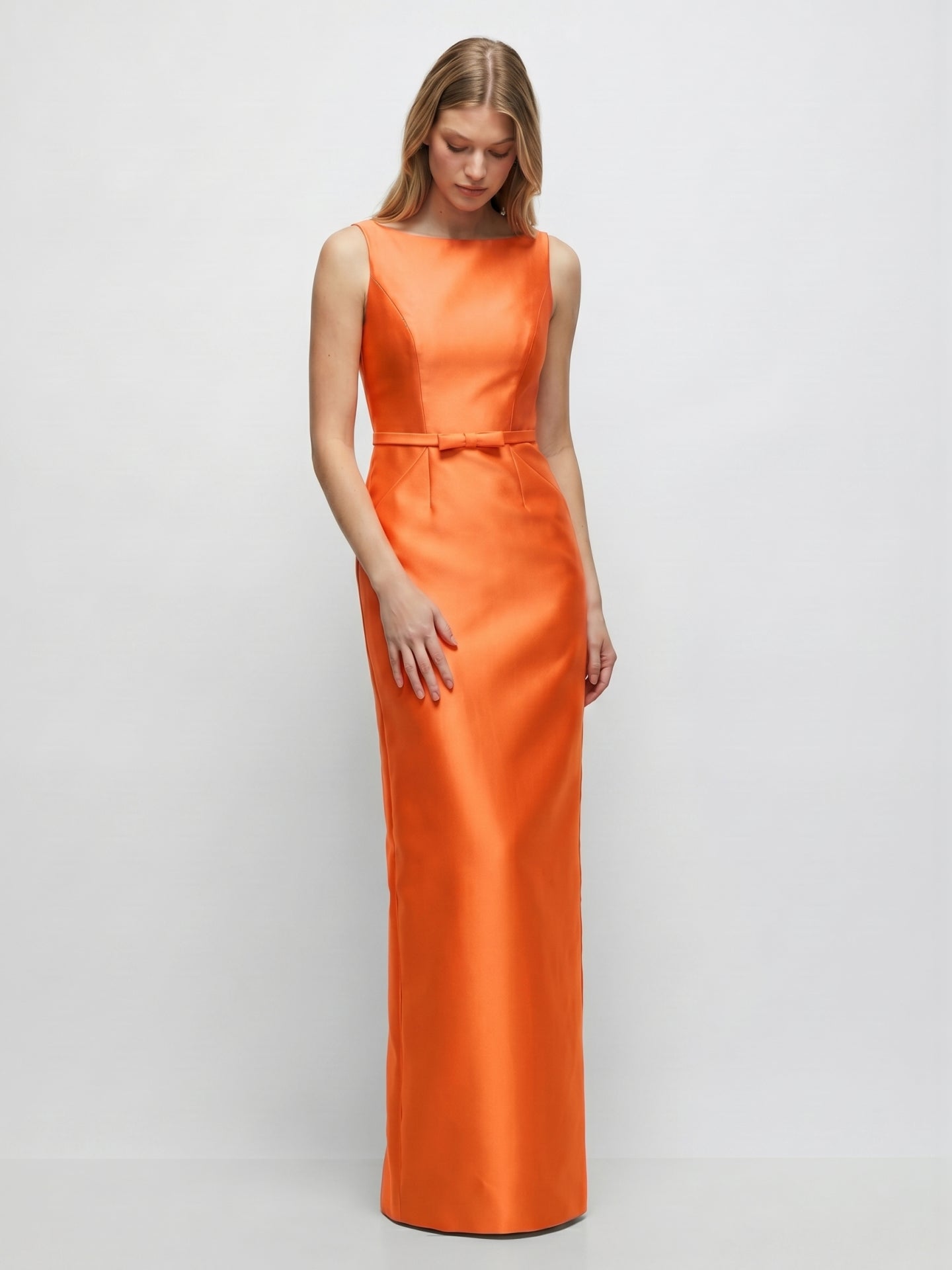 Minimalist Orange Satin Sheath Straight Neck V-Back Floor-Length Bridesmaid Dress with Bow