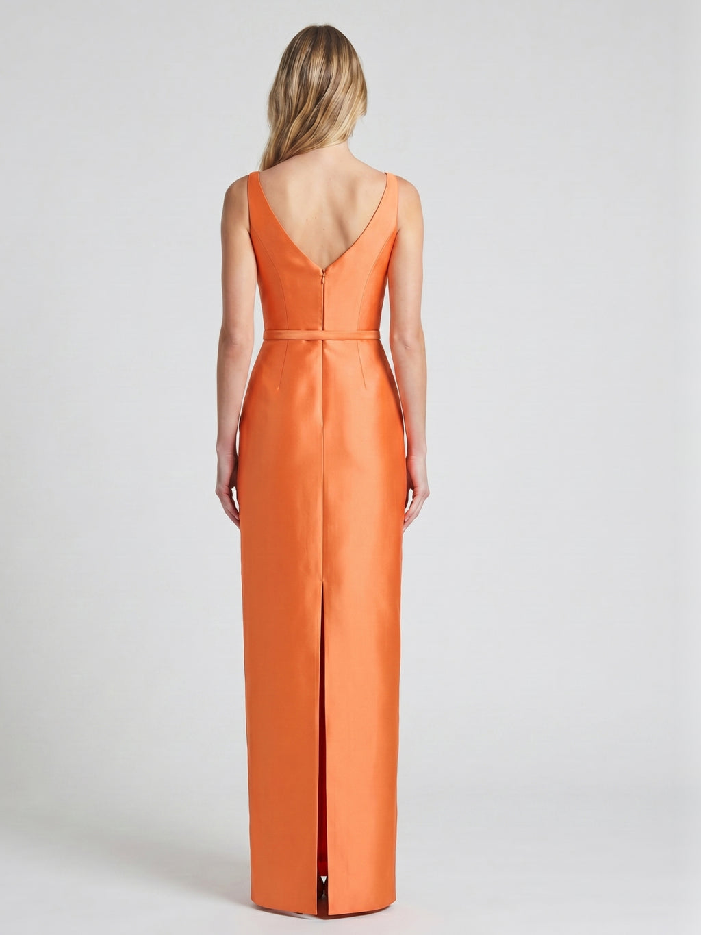 Minimalist Orange Satin Sheath Straight Neck V-Back Floor-Length Bridesmaid Dress with Bow