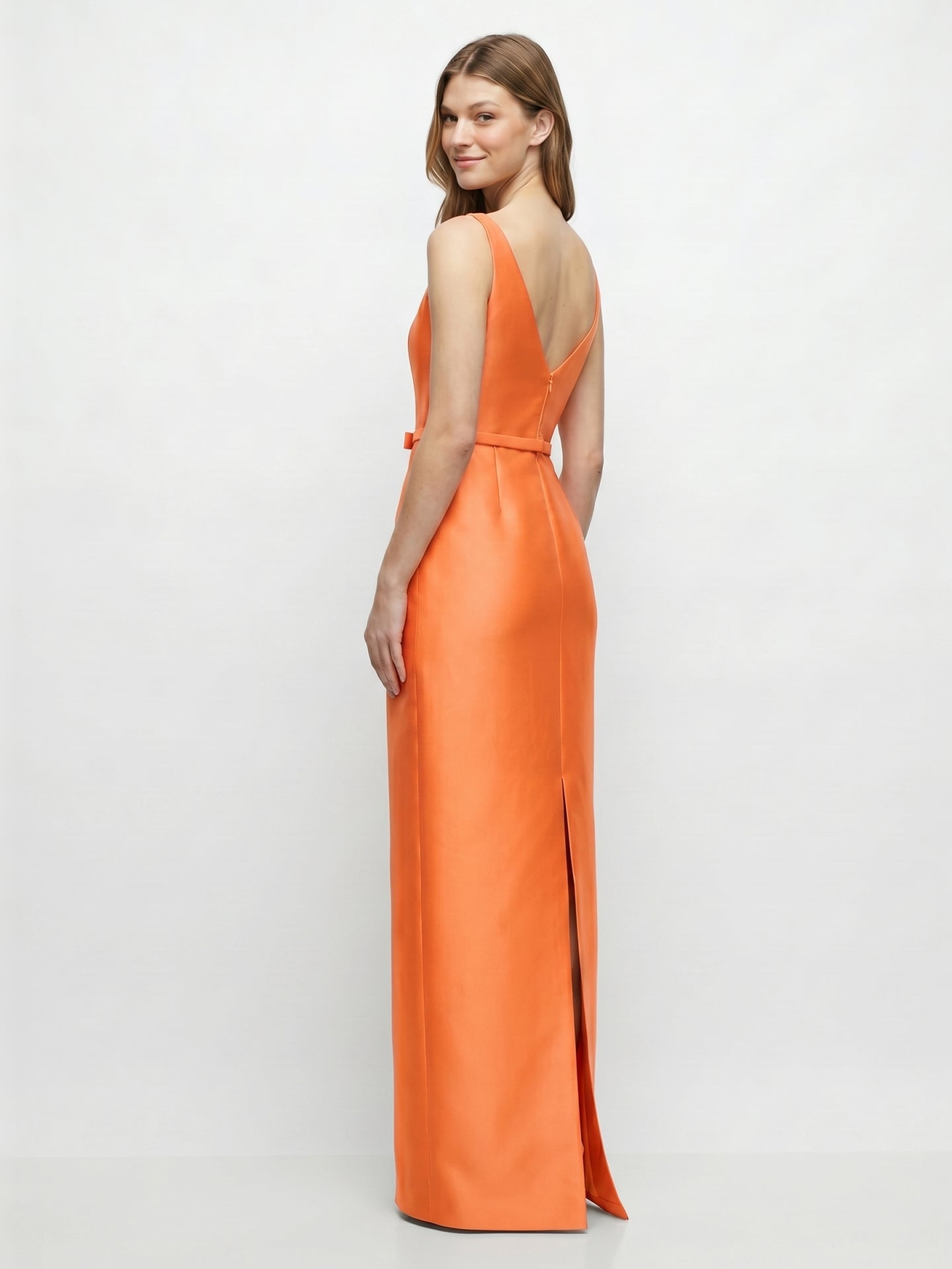 Minimalist Orange Satin Sheath Straight Neck V-Back Floor-Length Bridesmaid Dress with Bow