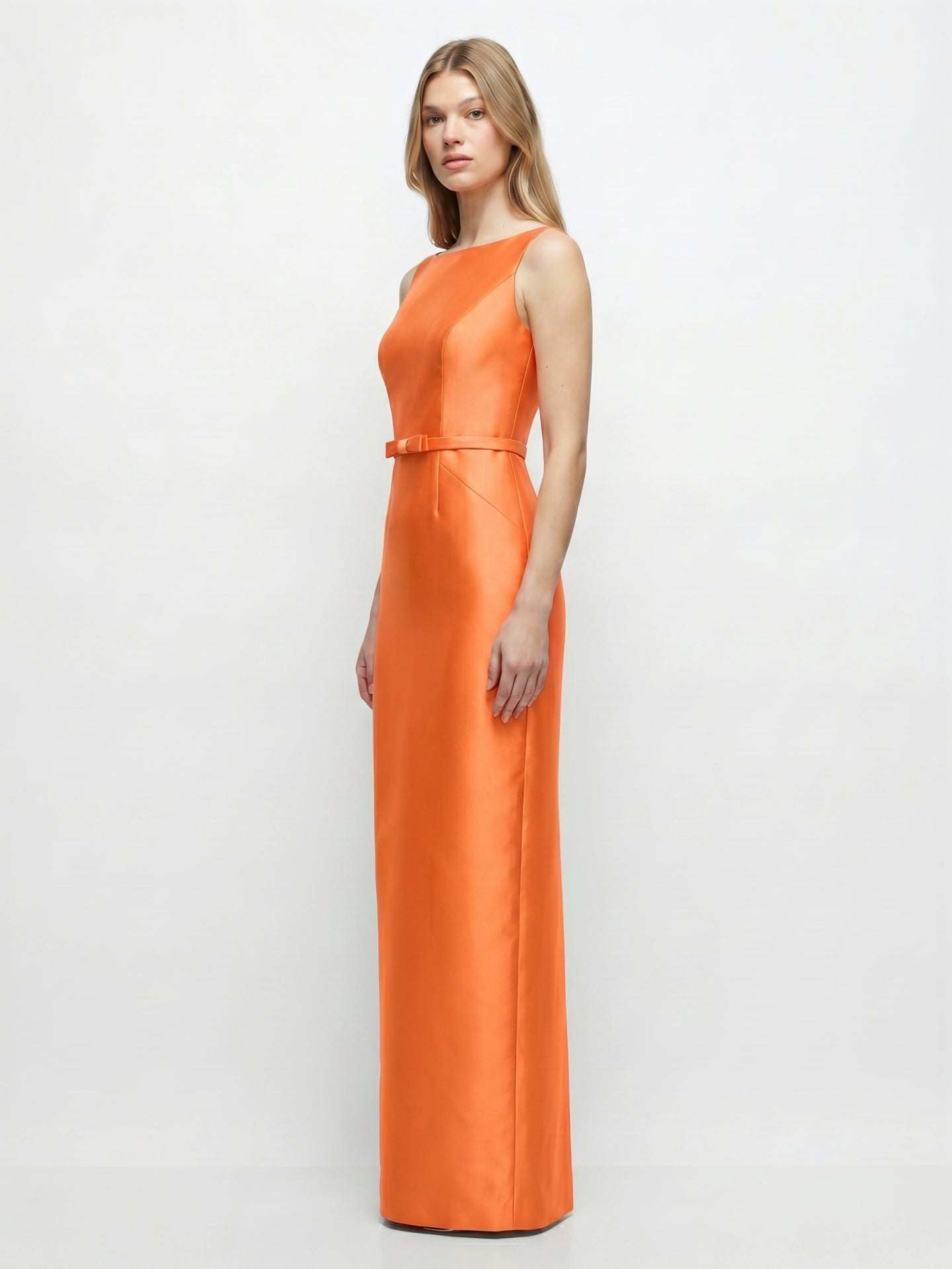 Minimalist Orange Satin Sheath Straight Neck V-Back Floor-Length Bridesmaid Dress with Bow