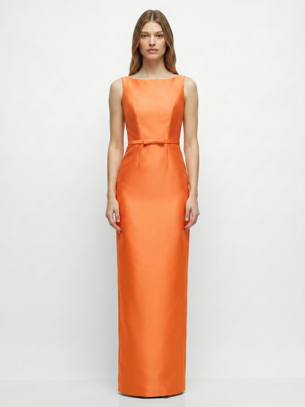 Minimalist Orange Satin Sheath Straight Neck V-Back Floor-Length Bridesmaid Dress with Bow