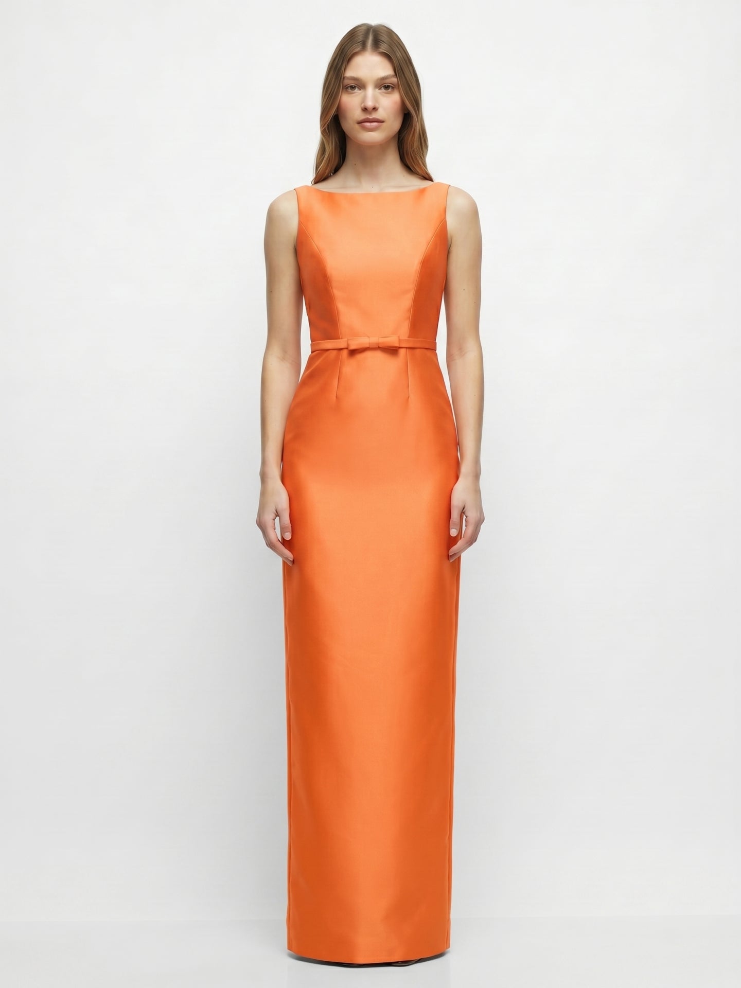 Minimalist Orange Satin Sheath Straight Neck V-Back Floor-Length Bridesmaid Dress with Bow