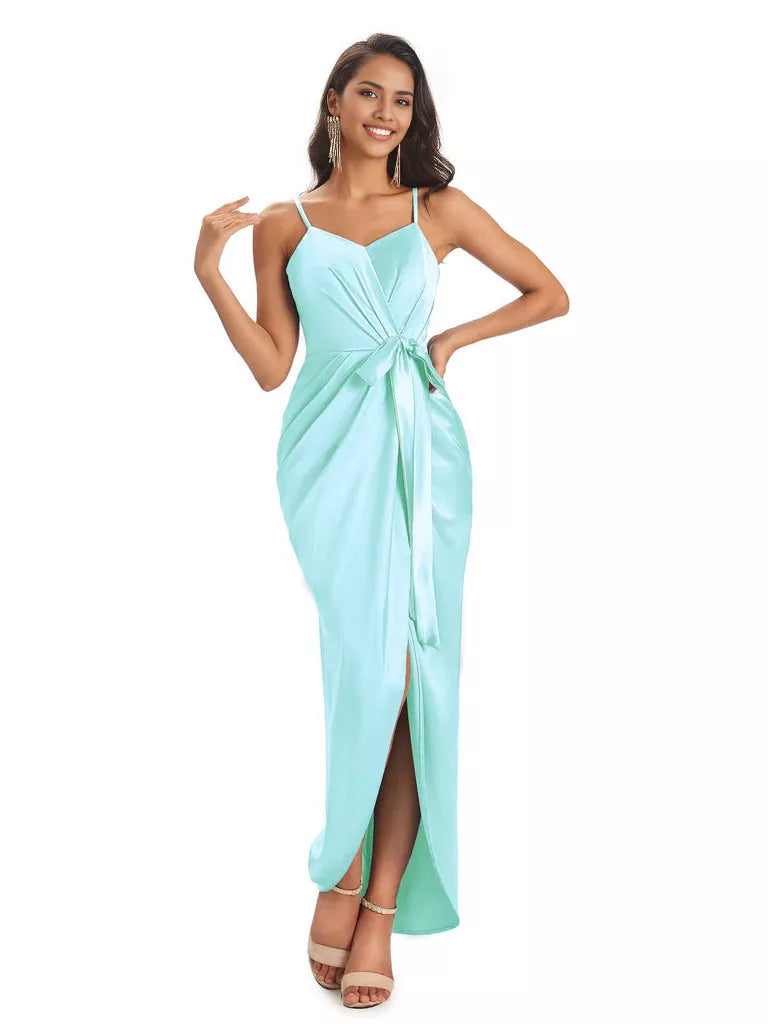 High Low Spaghetti Straps V-neck Mermaid Asymmetrical Soft Satin Bridesmaid Dresses
