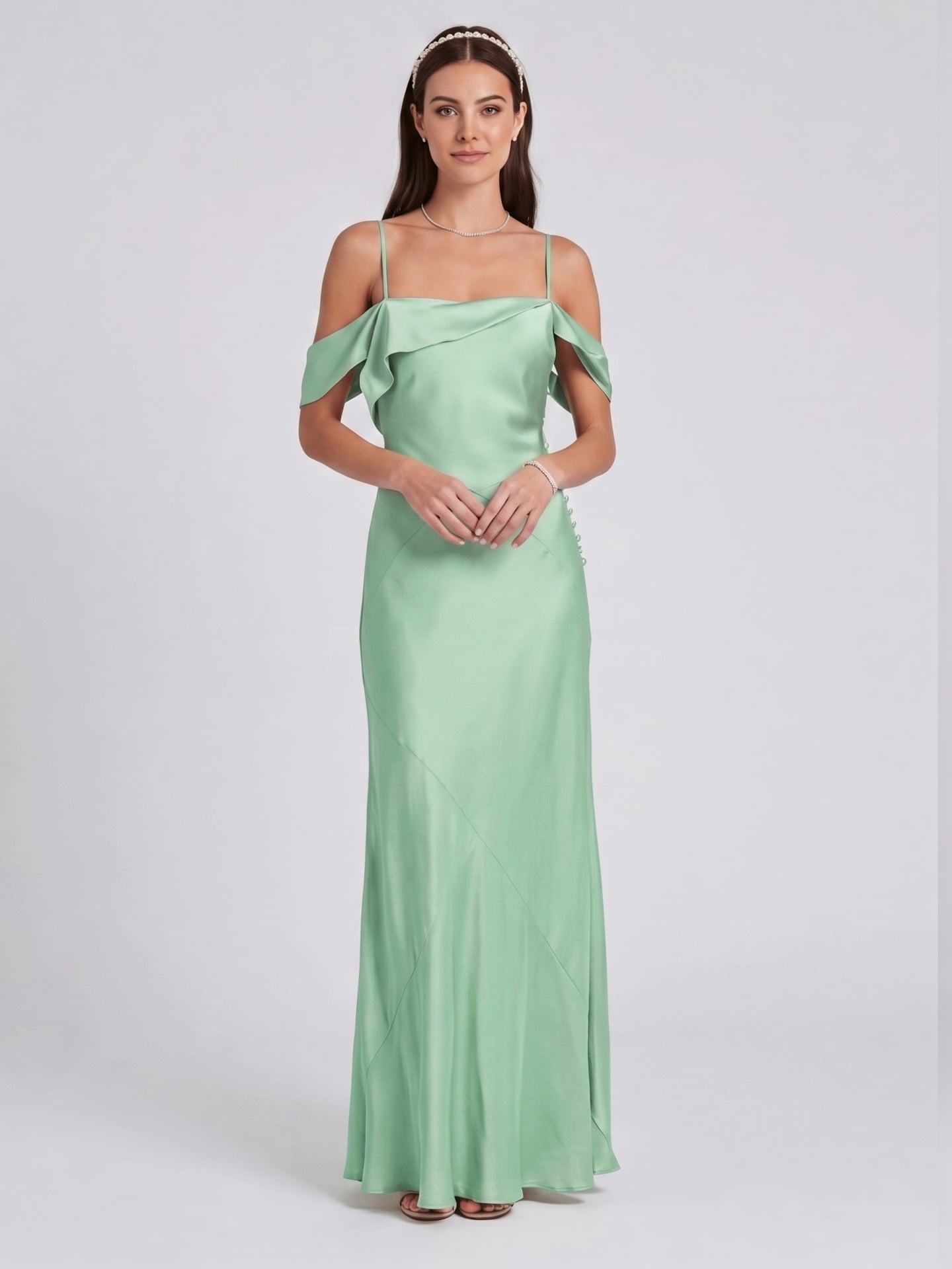 Simple Mint Green Satin Trumpet Off-the-Shoulder Backless Ankle-Length Bridesmaid Dress