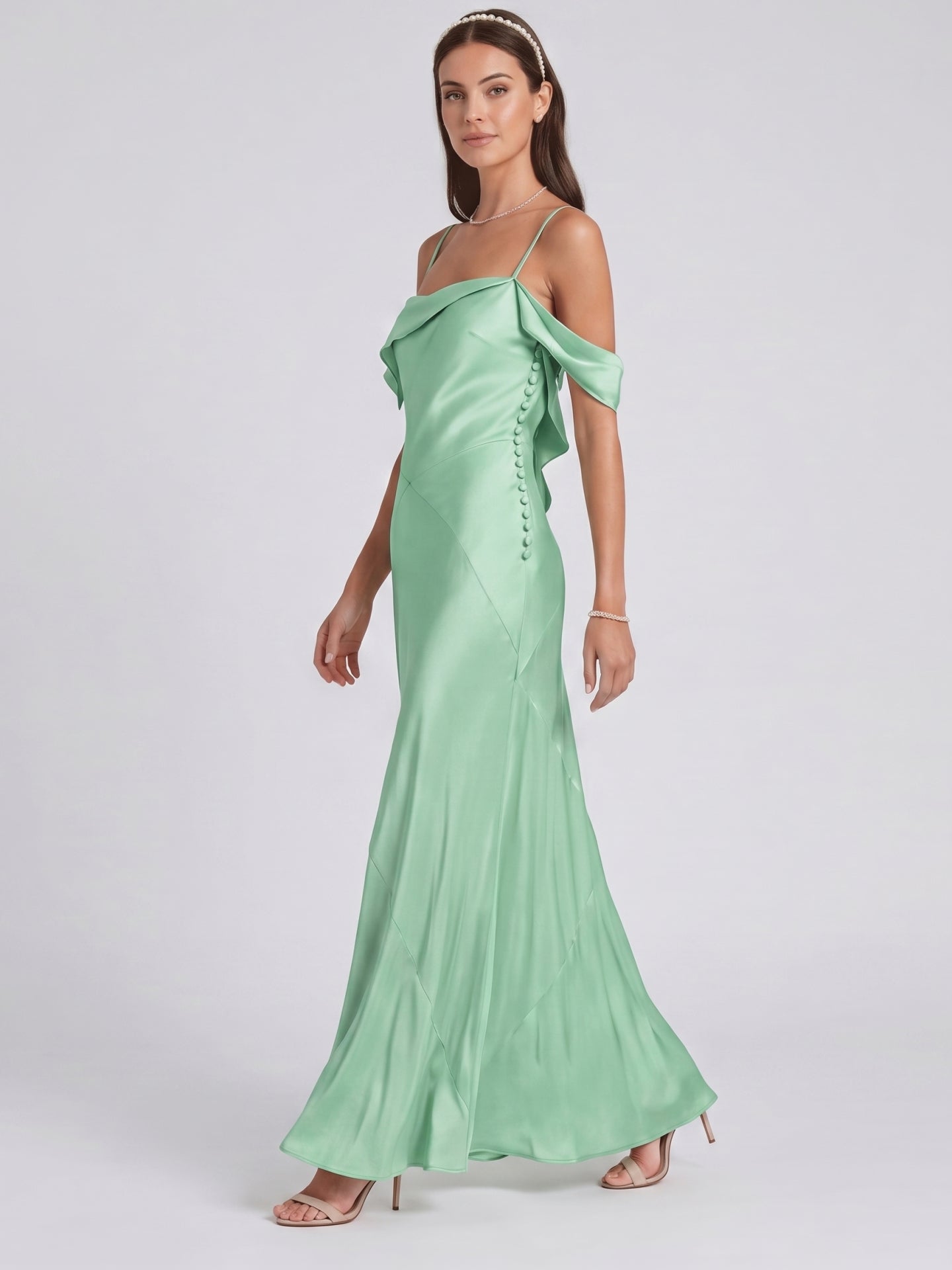 Simple Mint Green Satin Trumpet Off-the-Shoulder Backless Ankle-Length Bridesmaid Dress