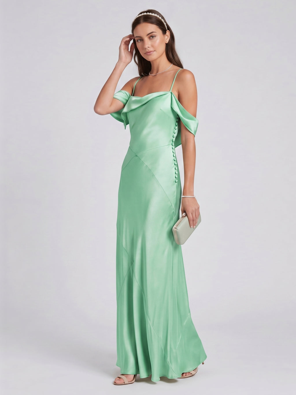 Simple Mint Green Satin Trumpet Off-the-Shoulder Backless Ankle-Length Bridesmaid Dress