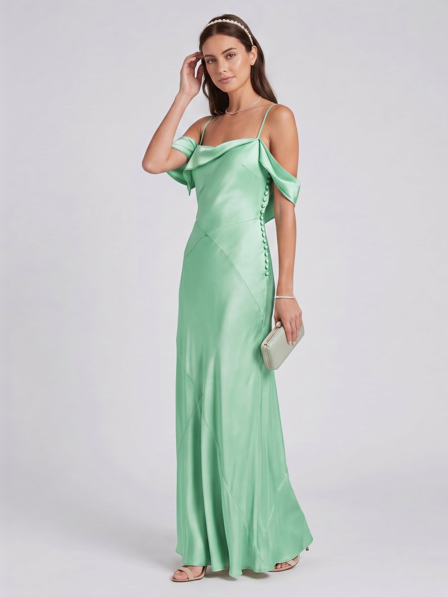 Simple Mint Green Satin Trumpet Off-the-Shoulder Backless Ankle-Length Bridesmaid Dress