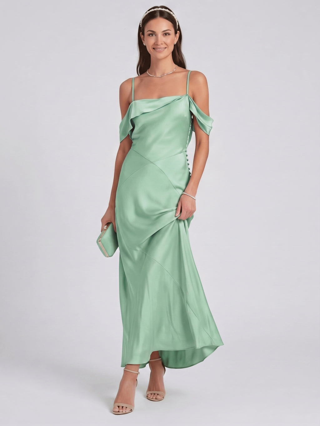 Simple Mint Green Satin Trumpet Off-the-Shoulder Backless Ankle-Length Bridesmaid Dress