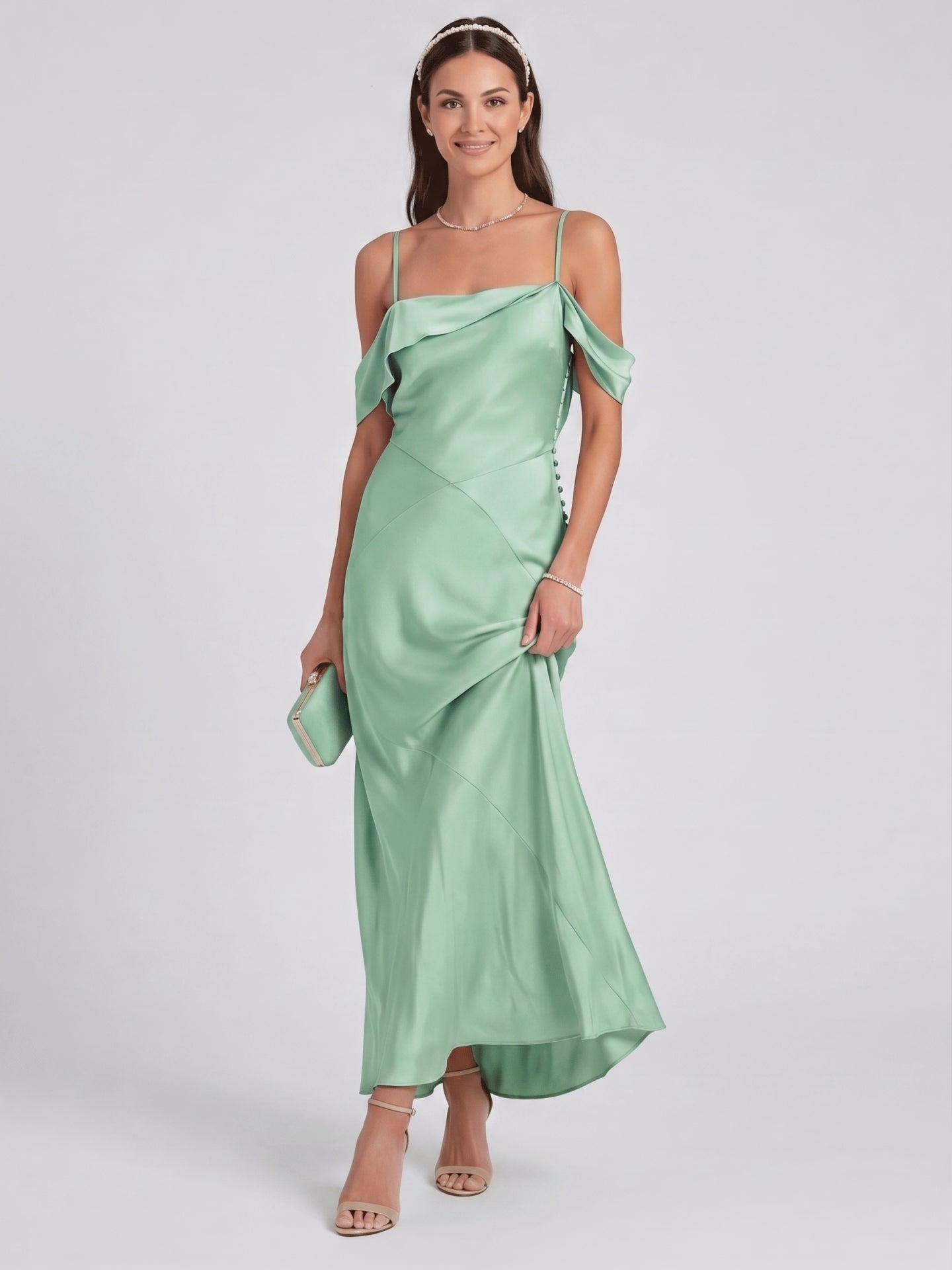Simple Mint Green Satin Trumpet Off-the-Shoulder Backless Ankle-Length Bridesmaid Dress