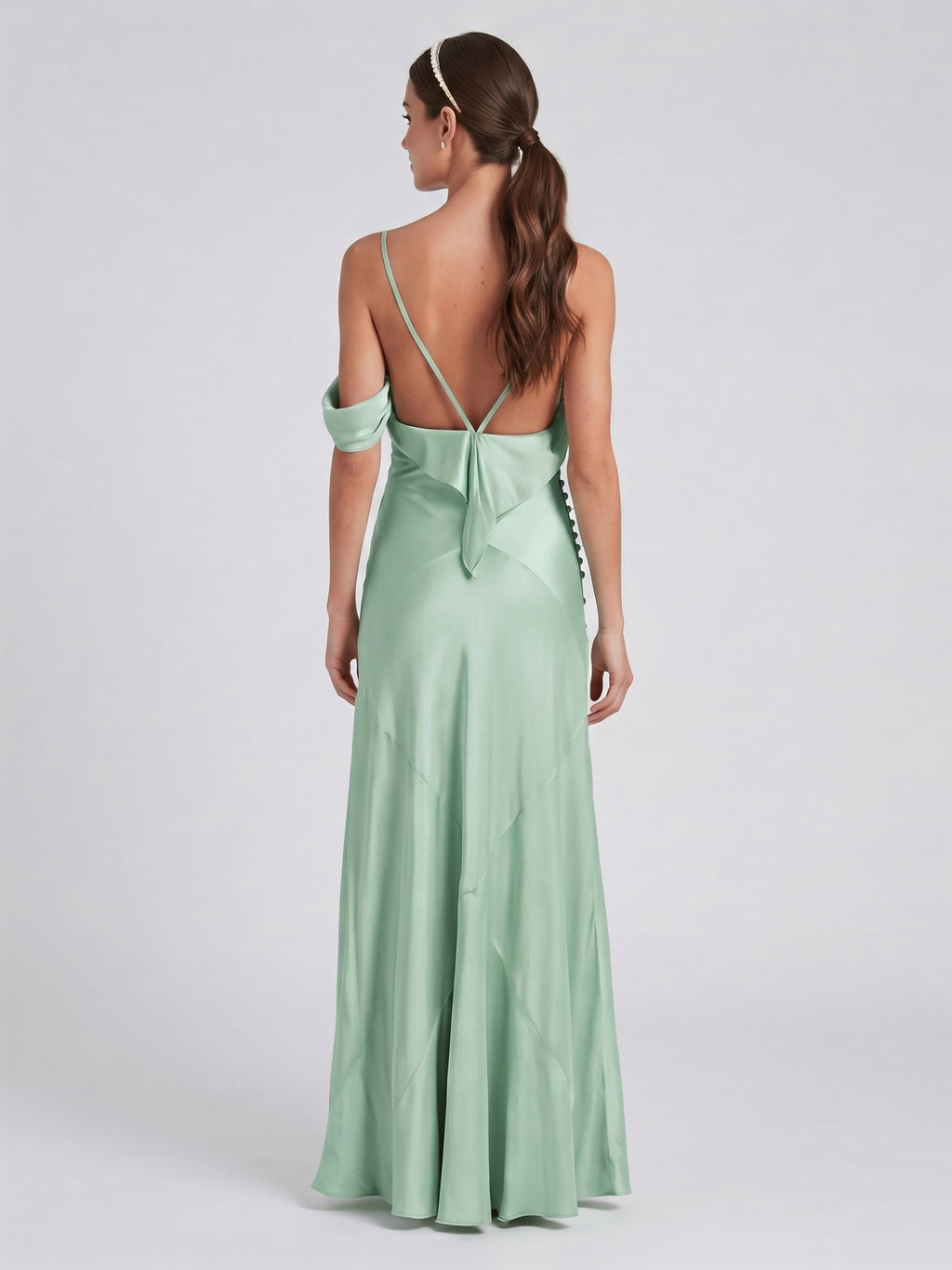 Simple Mint Green Satin Trumpet Off-the-Shoulder Backless Ankle-Length Bridesmaid Dress