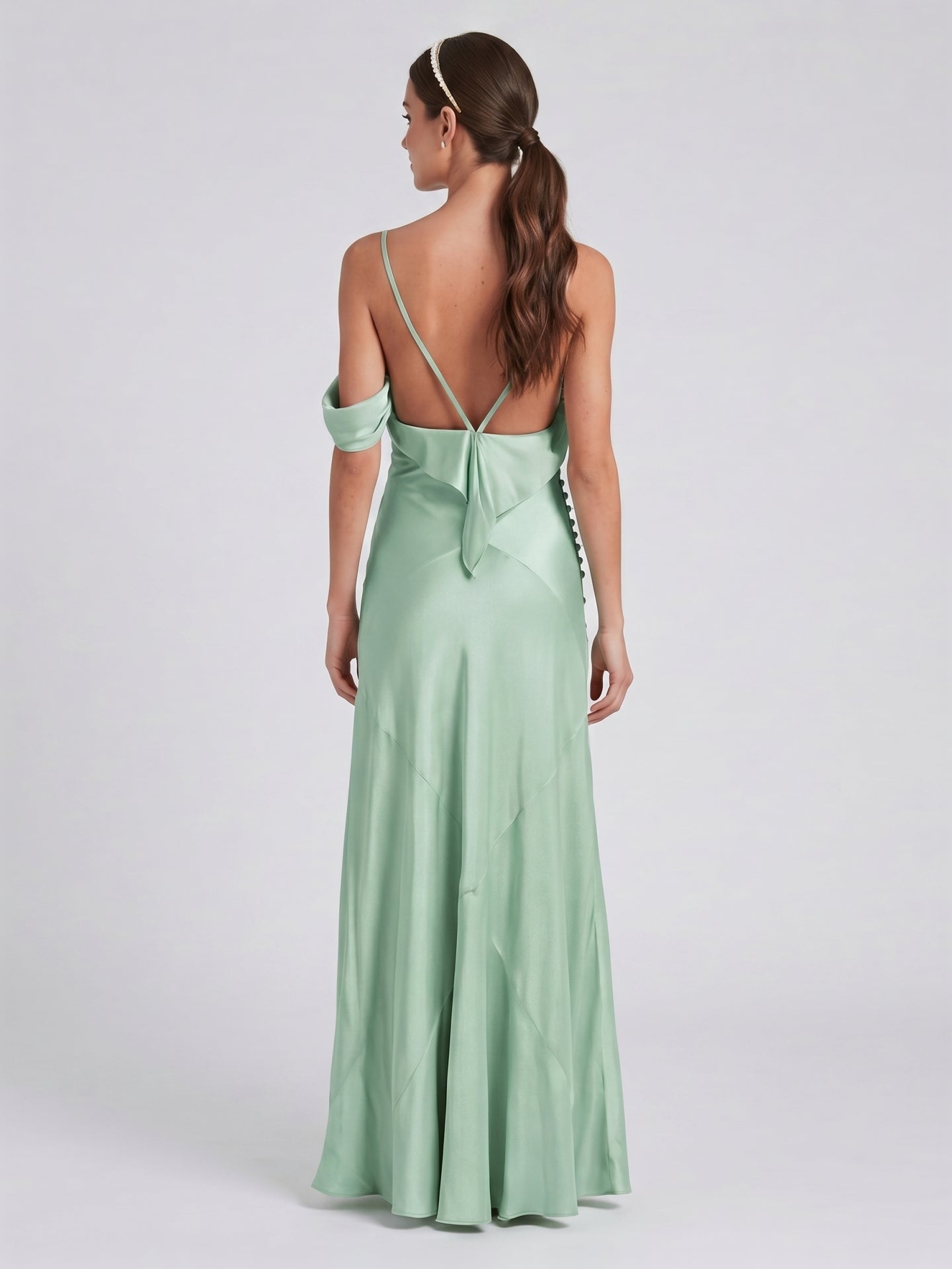 Simple Mint Green Satin Trumpet Off-the-Shoulder Backless Ankle-Length Bridesmaid Dress
