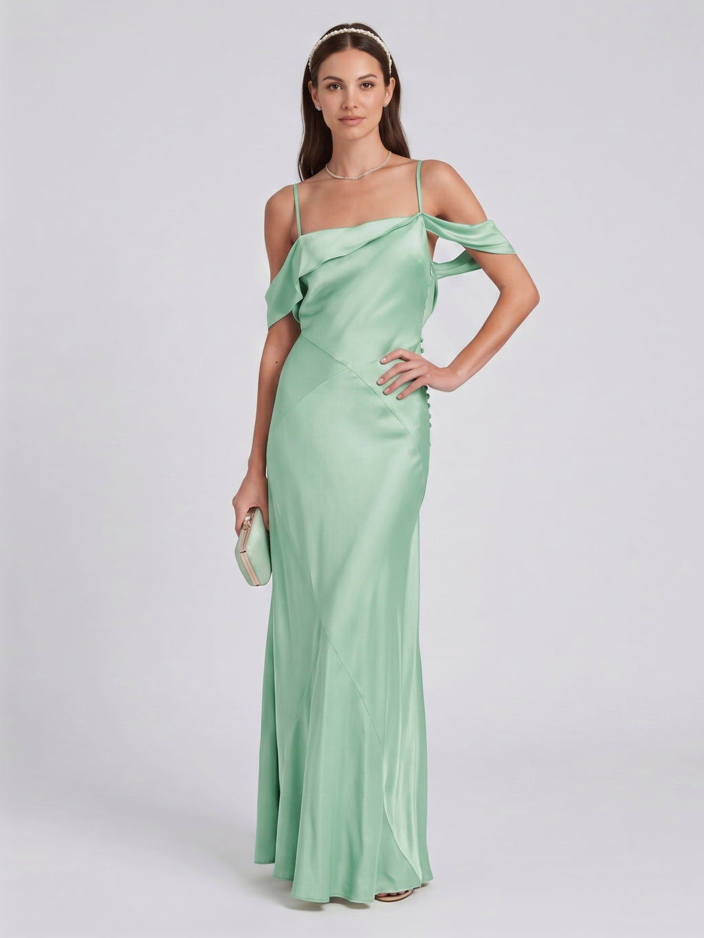 Simple Mint Green Satin Trumpet Off-the-Shoulder Backless Ankle-Length Bridesmaid Dress